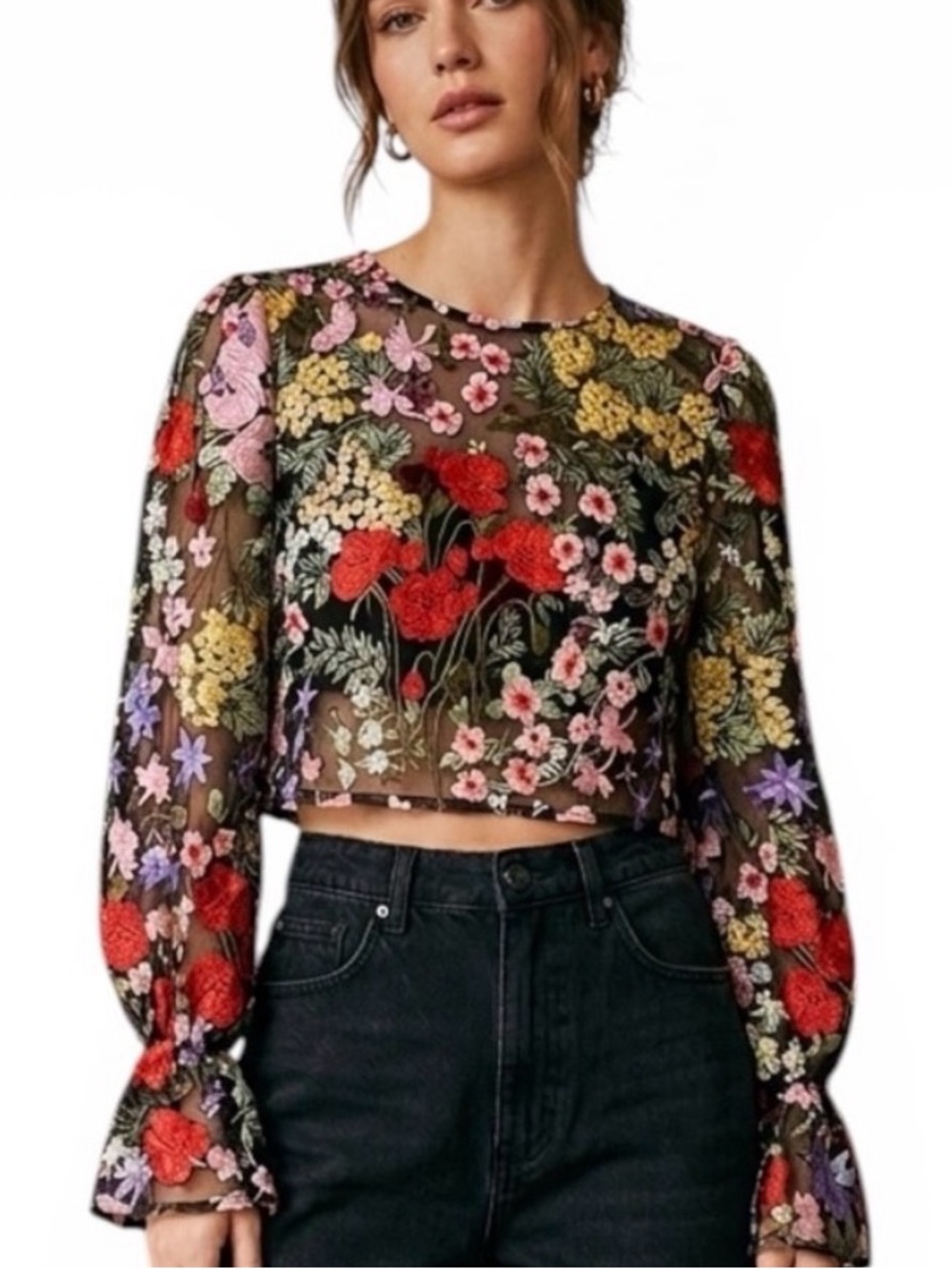 AKIRA Embroidered Sheer Blouse L Dark Romance Whimsigoth Date Night Floral